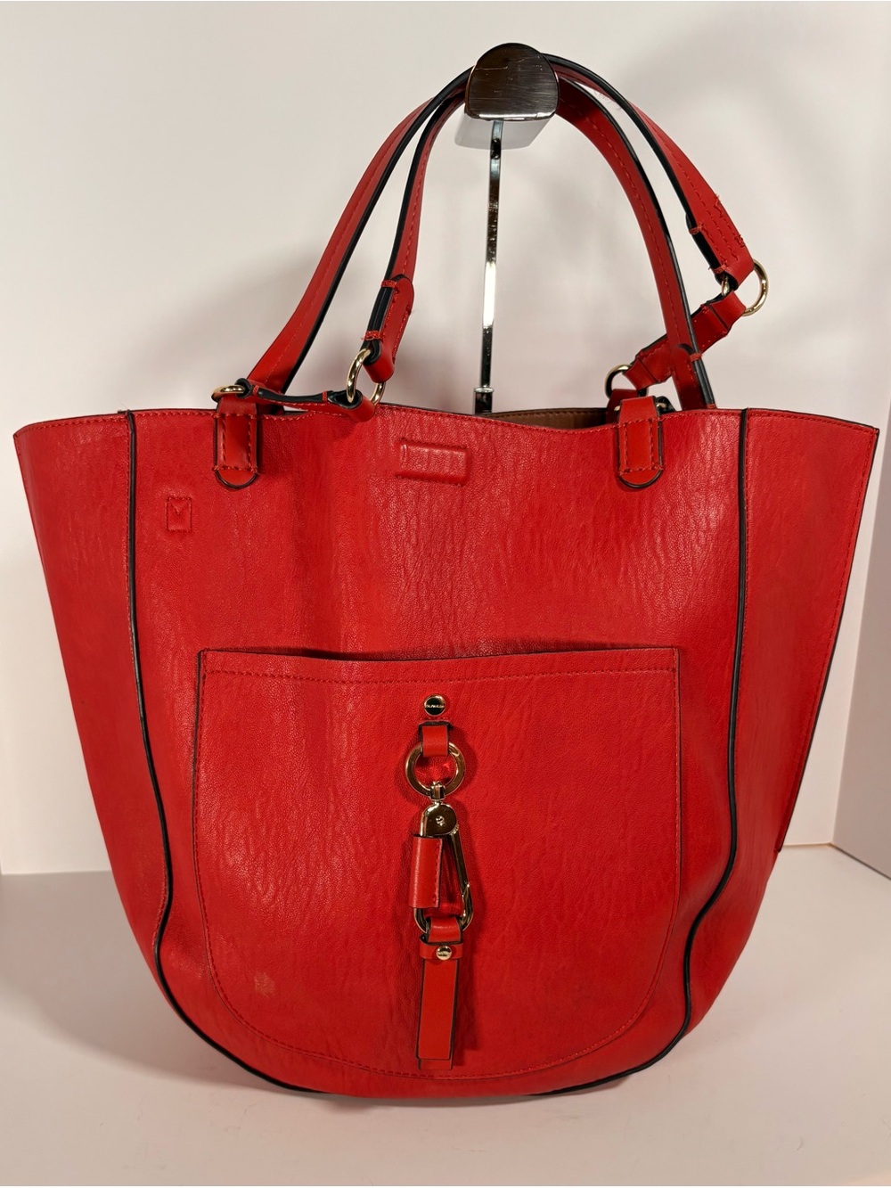 Calvin Klein Red Faux Leather Tote with Front Pocket & Gold Hardware